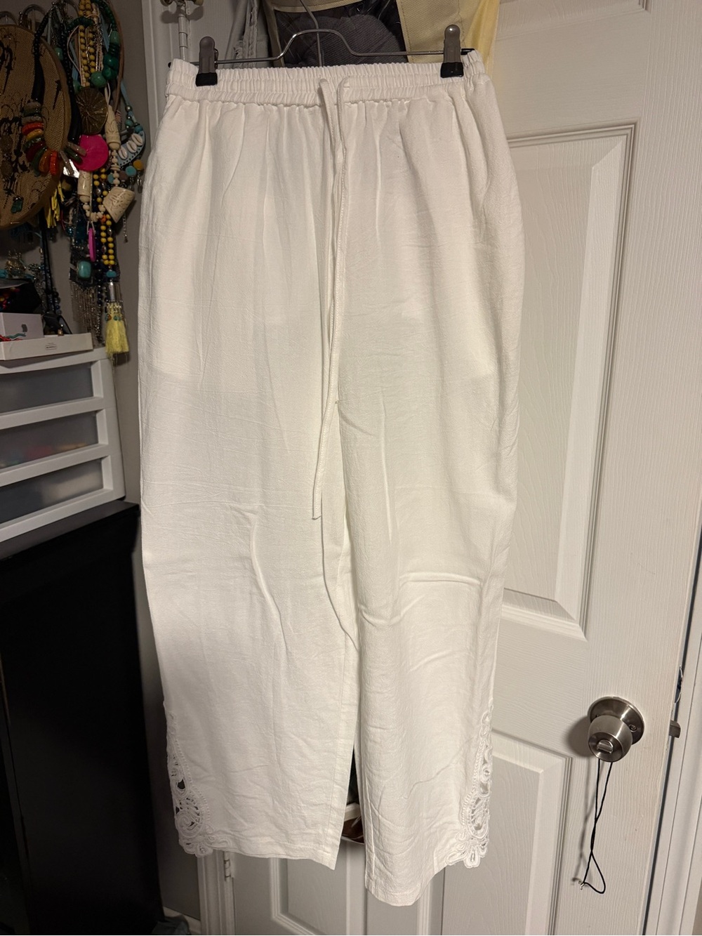 White Drawstring Wide-Leg Pants with Lace Hem - Women
